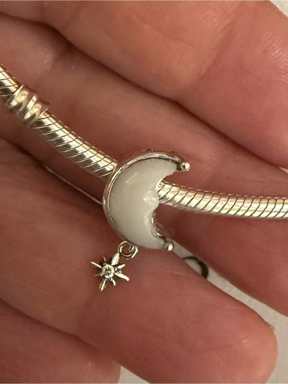 Silver Moon & Star Charm Bead - White Enamel